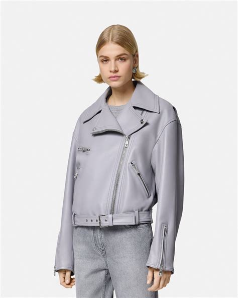 biker versace|Leather Biker Jacket Gray .